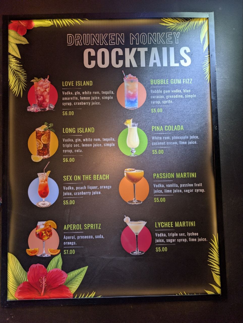Cocktail menu board at Drunken Monkey Bar